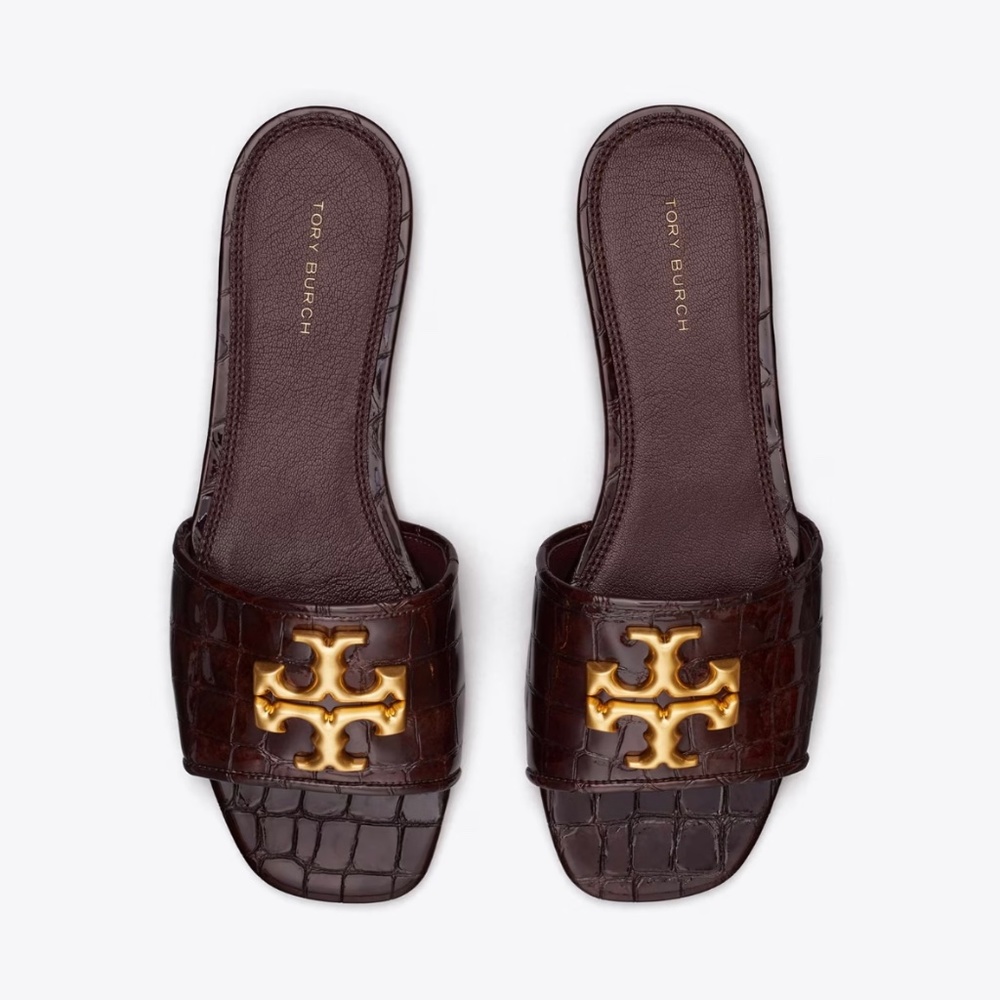 Tory Burch Eleanor Slide Sandal - Brown Croc/Dark Carmine/Gold Size 7.5